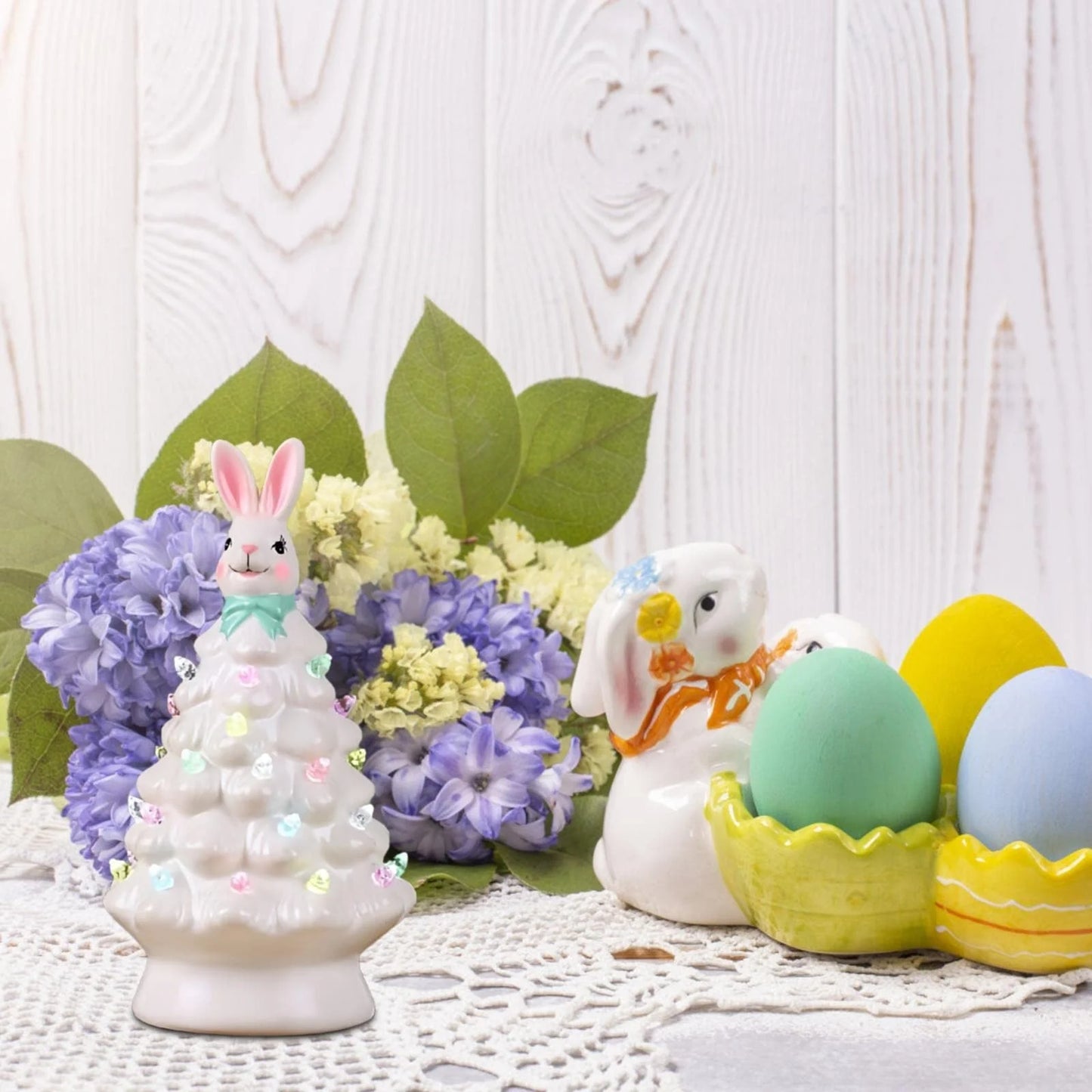 Easter Ceramic Tree,Light-Up Easter Bunny Decorations,Rabbit Tree Easter Decorations for Indoor Spring Home Office Tabletop Bunny Rabbit Pink Tree Home Decor