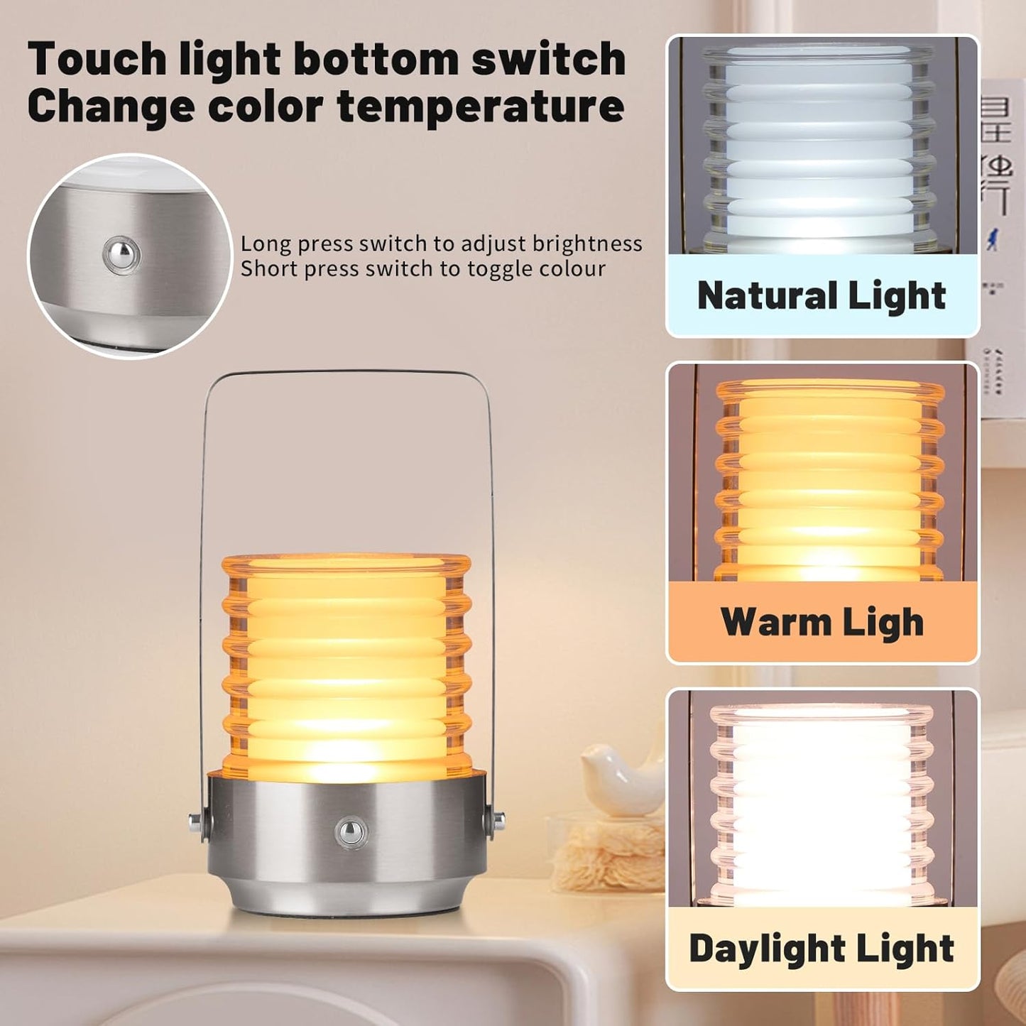 Cordless Portable LED Table Lamp, Rechargeable Battery Operated Desk Lamp with Touch Sensor, Three-Level Dimmable Suitable for Bars/Cafes/Restaurants/Bedrooms/Camping Sites. (Silver)