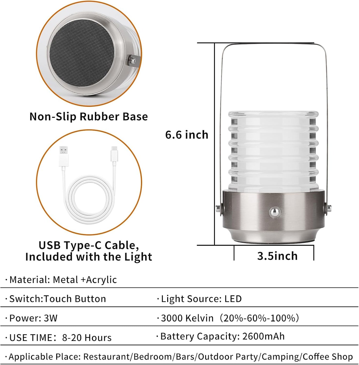 Cordless Portable LED Table Lamp, Rechargeable Battery Operated Desk Lamp with Touch Sensor, Three-Level Dimmable Suitable for Bars/Cafes/Restaurants/Bedrooms/Camping Sites. (Silver)