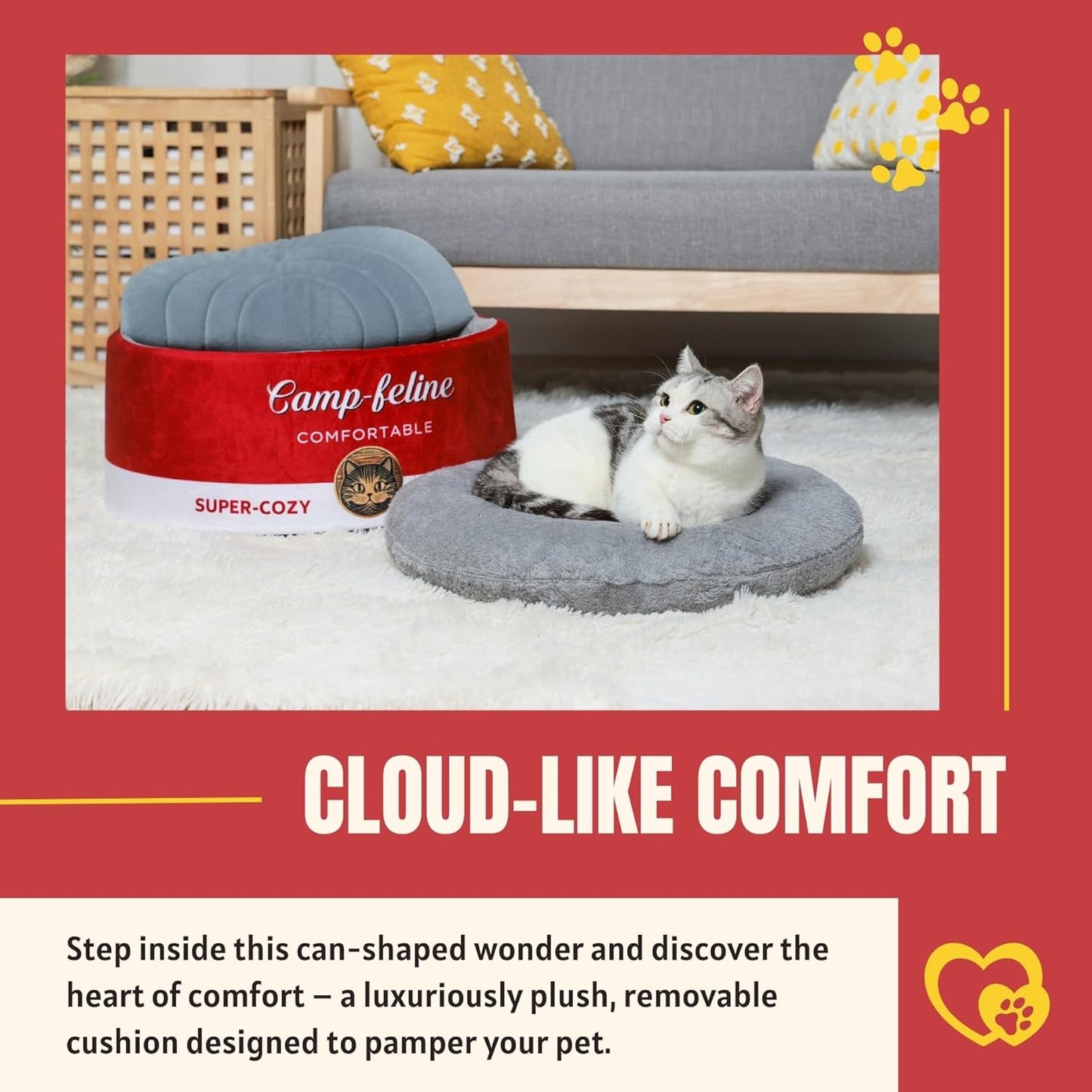 Can-Shaped Cat Bed – Ramen Bowl Cat Bed with Cover | Cute Enclosed Cat Bed with Ultra-Soft Cushion, Private & Cozy Design for Cats & Small Dogs