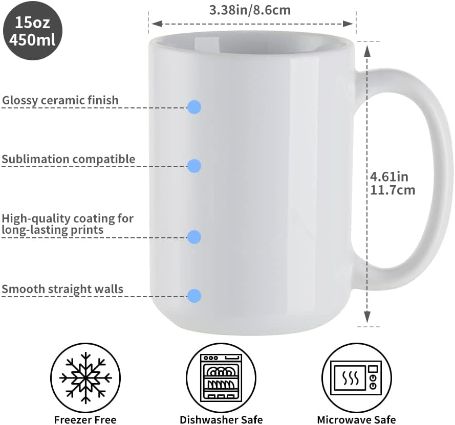 15 OZ Sublimation Coffee Mugs Ceramic White-Sublimation Blanks Photo Mugs Cups Bulk-Perfect for Easy Cricut Mug Heat Press Crafting-Individually Packaged Set of 6