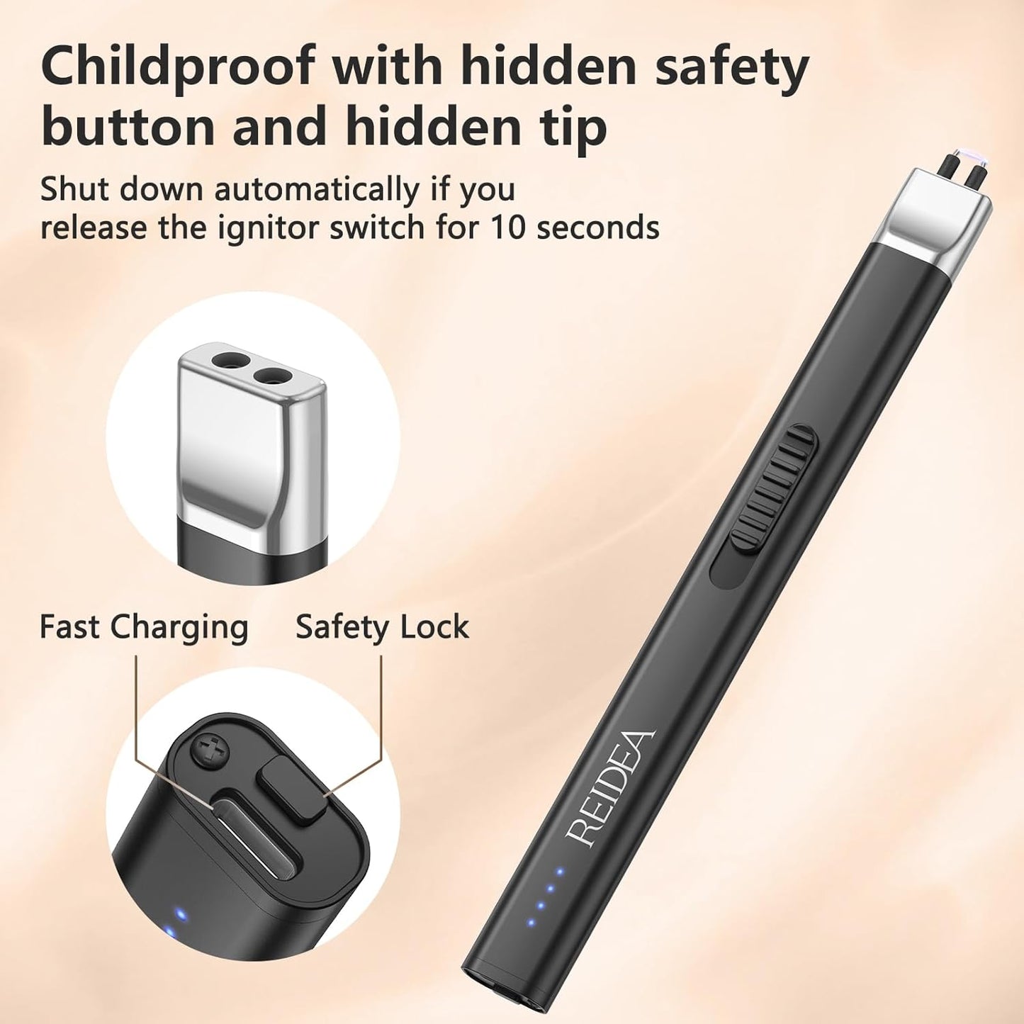 Electric Lighter Candle Lighter, Windproof Flameless USB Rechargeable Arc Retractable Lighter with Safe Button and Power Indicator for Candle, BBQ and Fireworks, R1 Flat, Obsidian Black