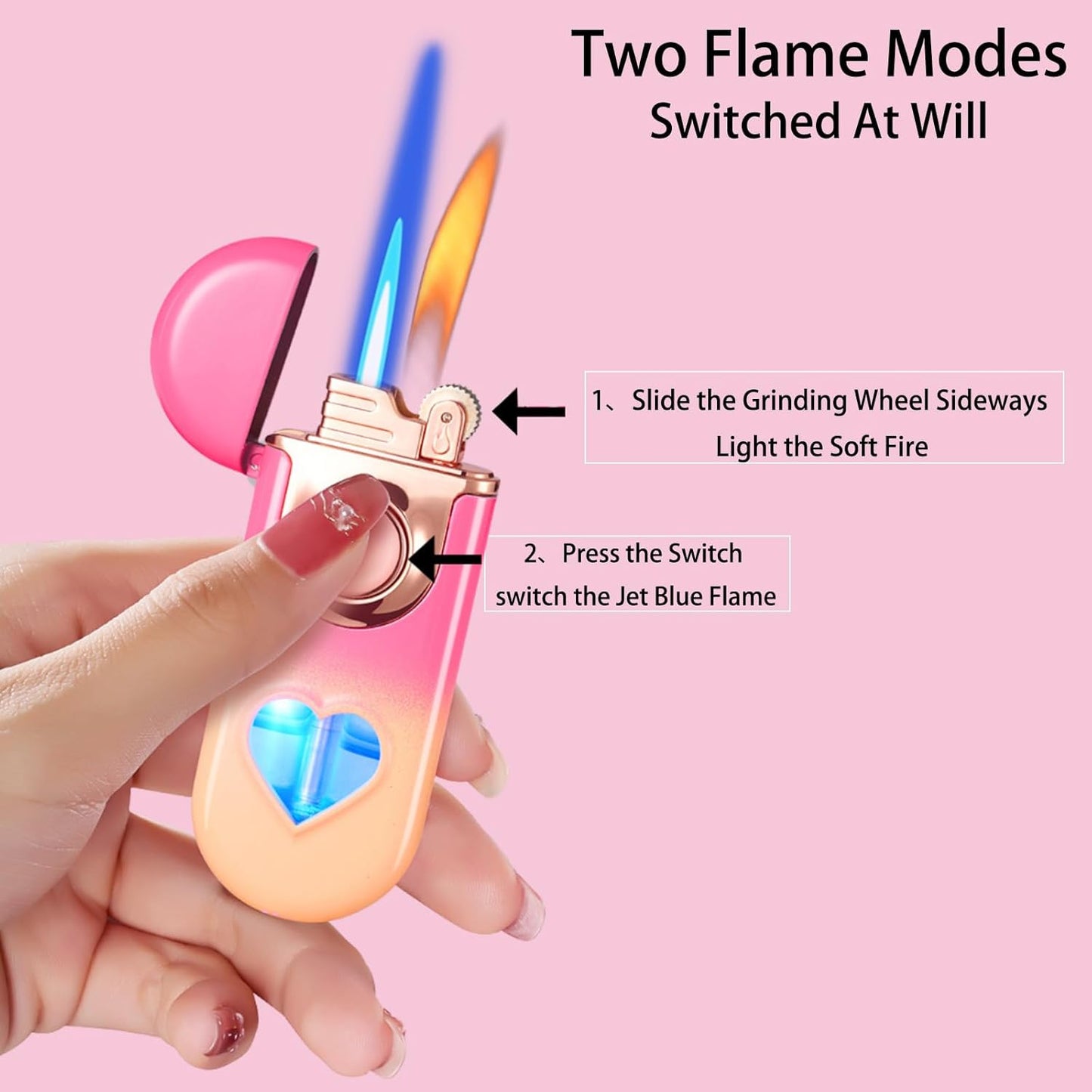 Torch Lighter, Dual Flame Lighter with 6Pcs Flint Stone, Windproof Lighter with Visible Gas Window, Cool Adjustable Soft Flame and Jet Flame 2 In1,Refillable Butane Lighter for Outdoor Indoor-Gradient