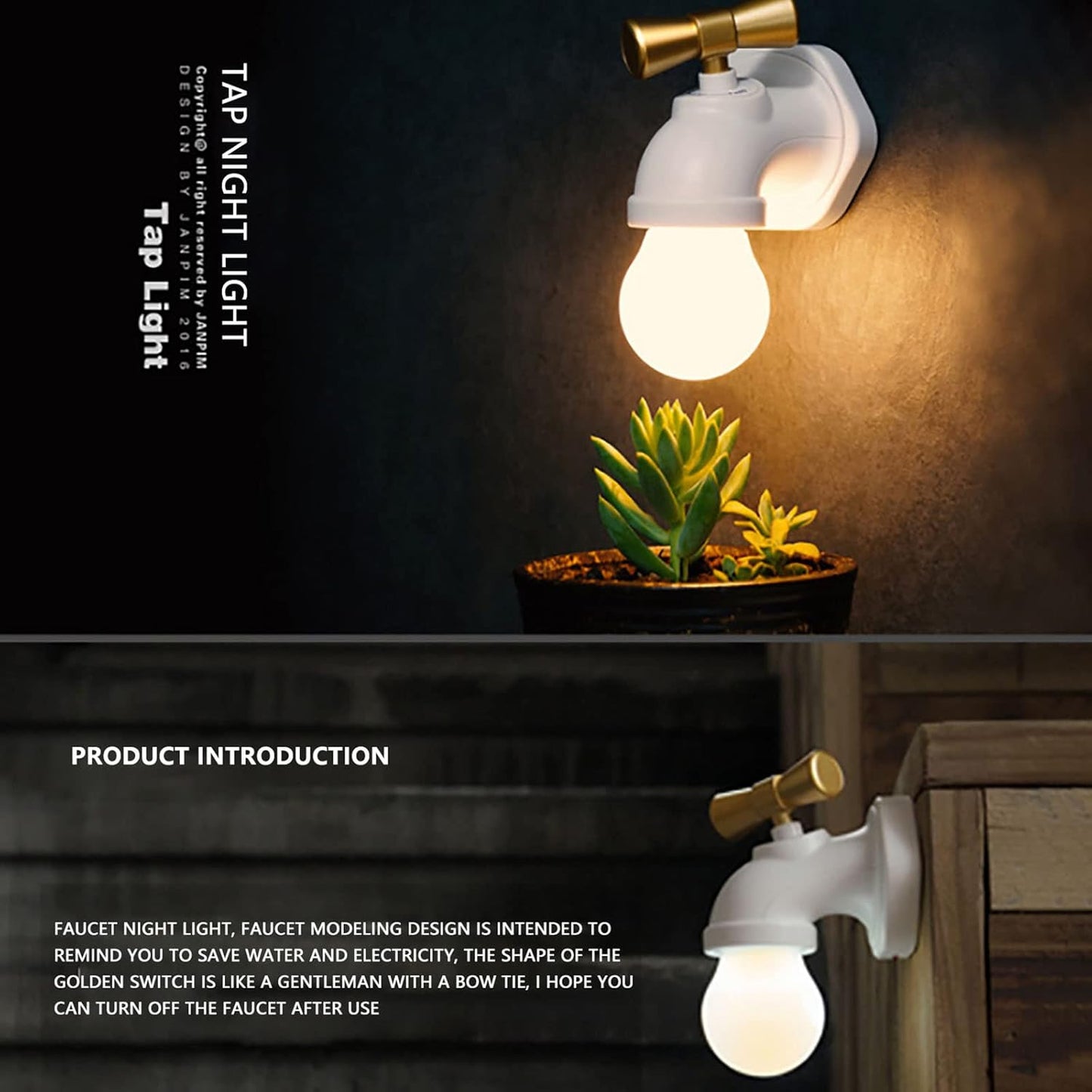 Faucet LED Night Light,Usb Charging Voice Control Sensor Creative Bedside Table Lamp Corridor Porch Staircase Wall Lamp,Black
