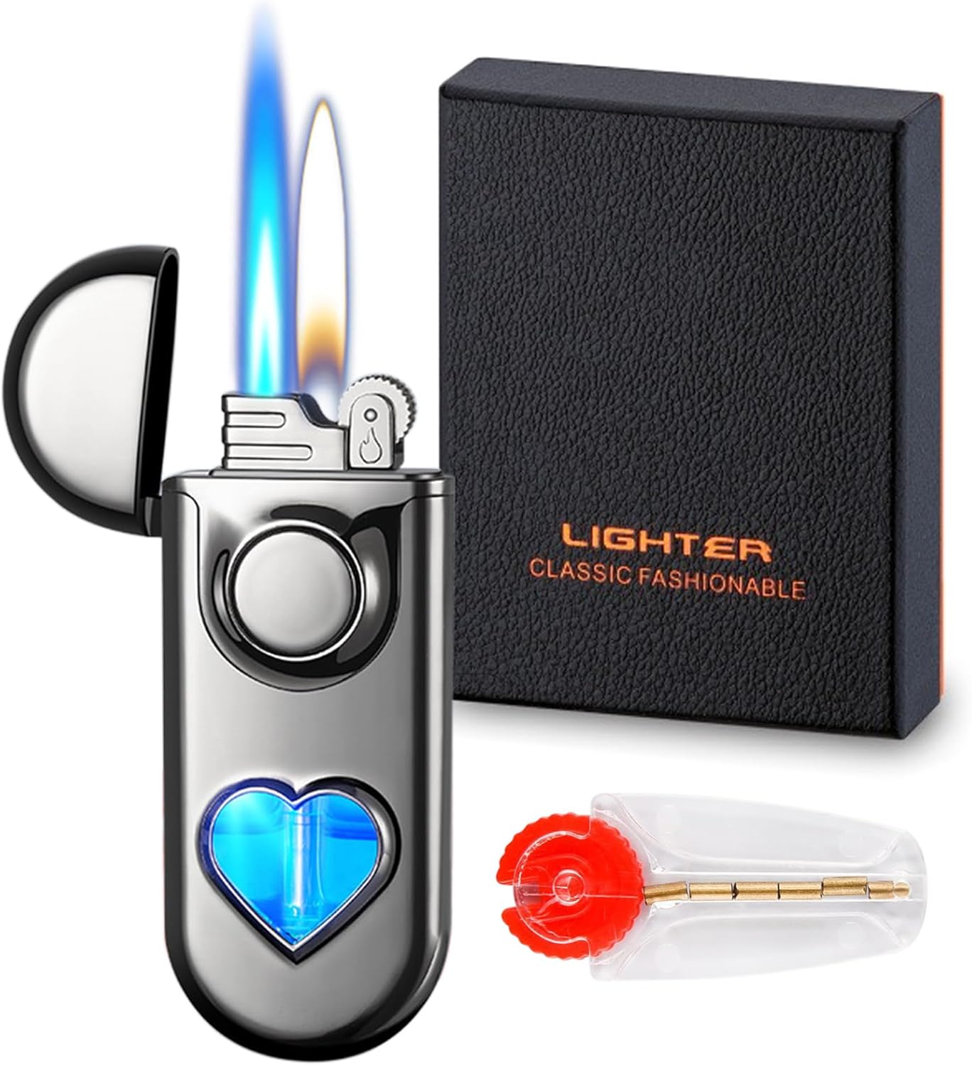 Torch Lighter, Dual Flame Lighter with 6Pcs Flint Stone, Windproof Lighter with Visible Gas Window, Cool Adjustable Soft Flame and Jet Flame 2 In1,Refillable Butane Lighter for Outdoor Indoor-Gradient