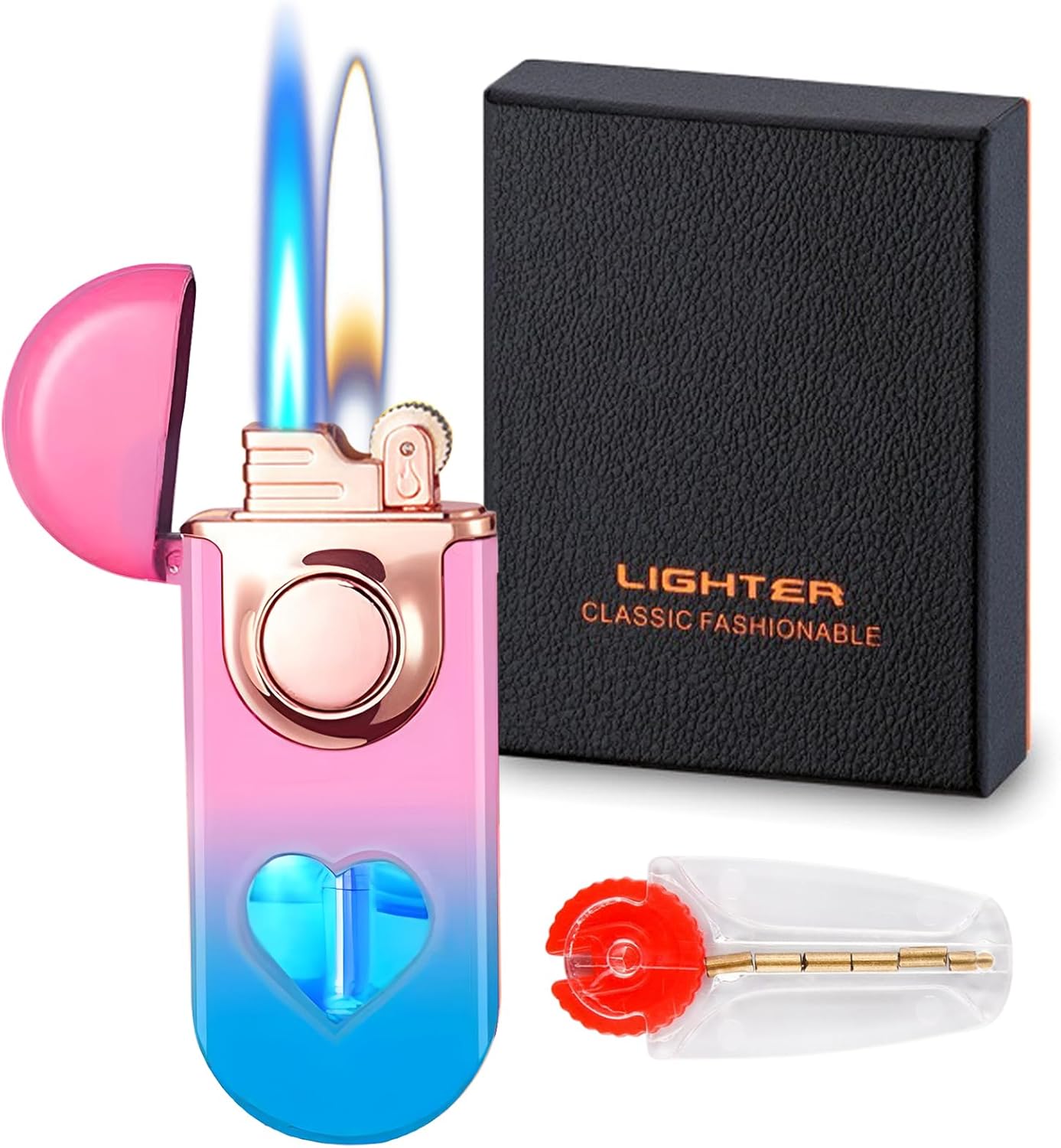 Torch Lighter, Dual Flame Lighter with 6Pcs Flint Stone, Windproof Lighter with Visible Gas Window, Cool Adjustable Soft Flame and Jet Flame 2 In1,Refillable Butane Lighter for Outdoor Indoor-Gradient