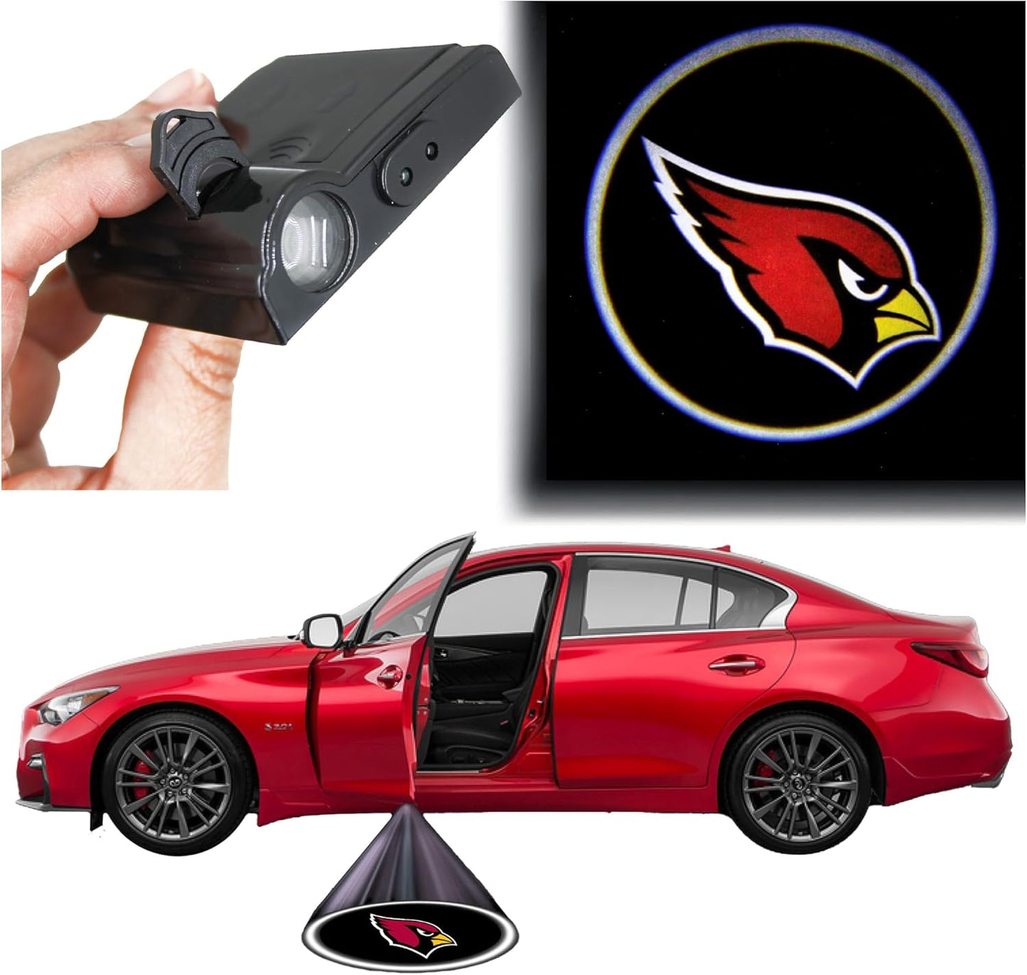 American Football Arizona Cardinals - Led Car Door Light - Wireless Led Projector with One Team Logo Slide - Compatible for Most Car Models - Battery-Operated, 2.5” X 2.5”