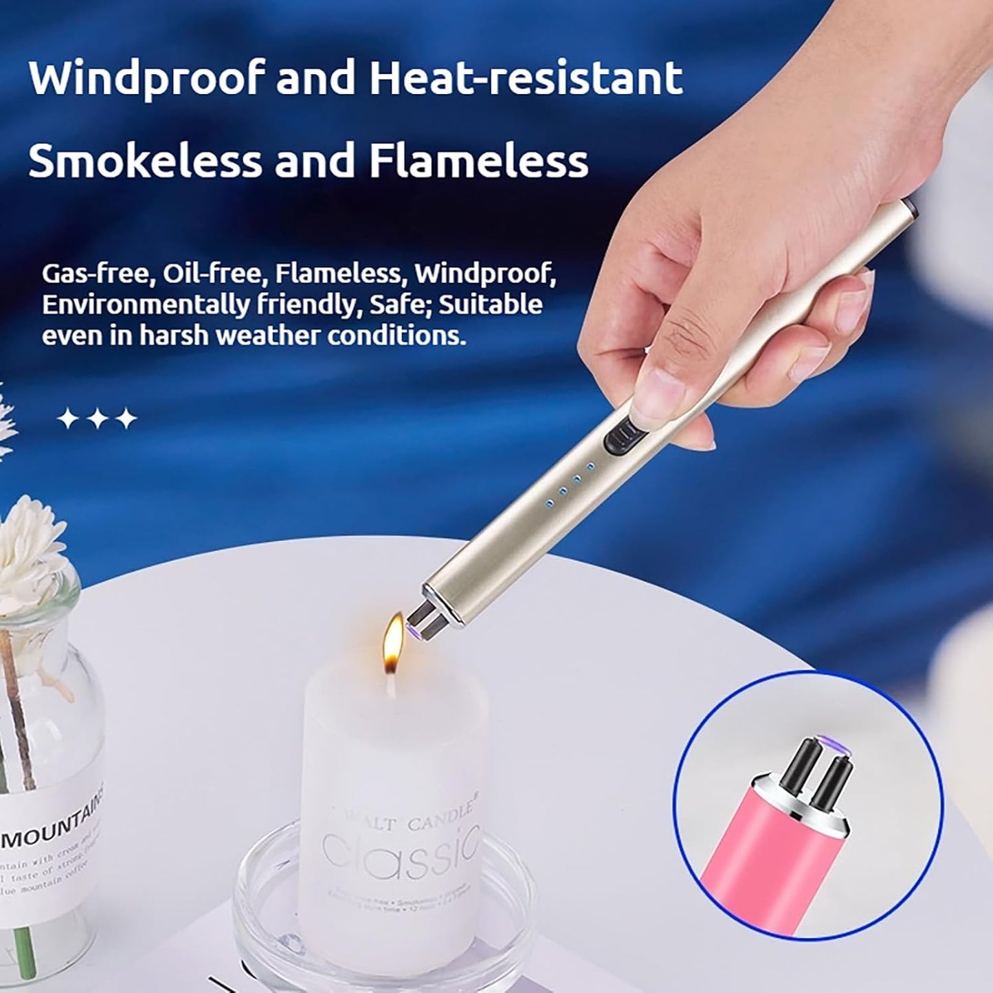 Rechargeable Electric Candle Lighter - Windproof Plasma Arc Lighter, Flameless USB Lighter, Cool Electric Lighters, Unique for Women, Great for Candles, BBQ, Camping & Home Use