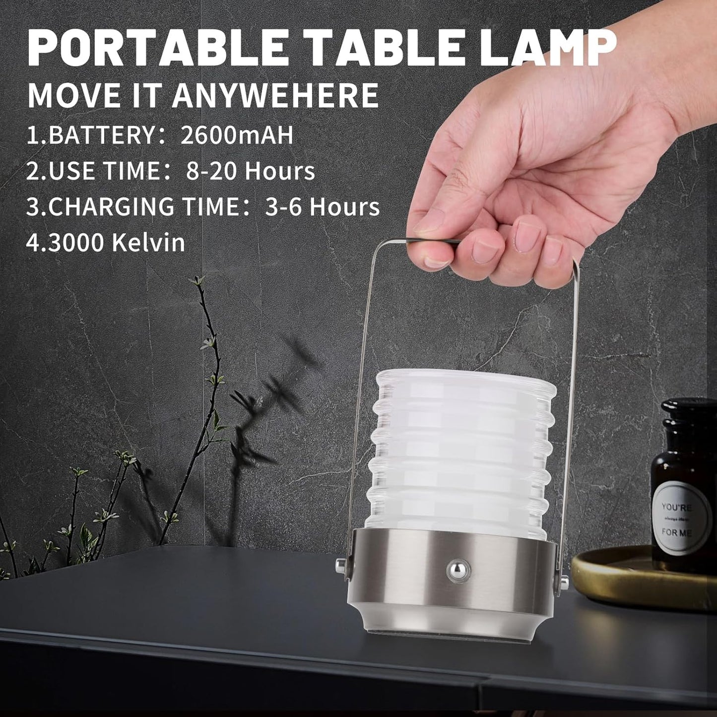 Cordless Portable LED Table Lamp, Rechargeable Battery Operated Desk Lamp with Touch Sensor, Three-Level Dimmable Suitable for Bars/Cafes/Restaurants/Bedrooms/Camping Sites. (Silver)
