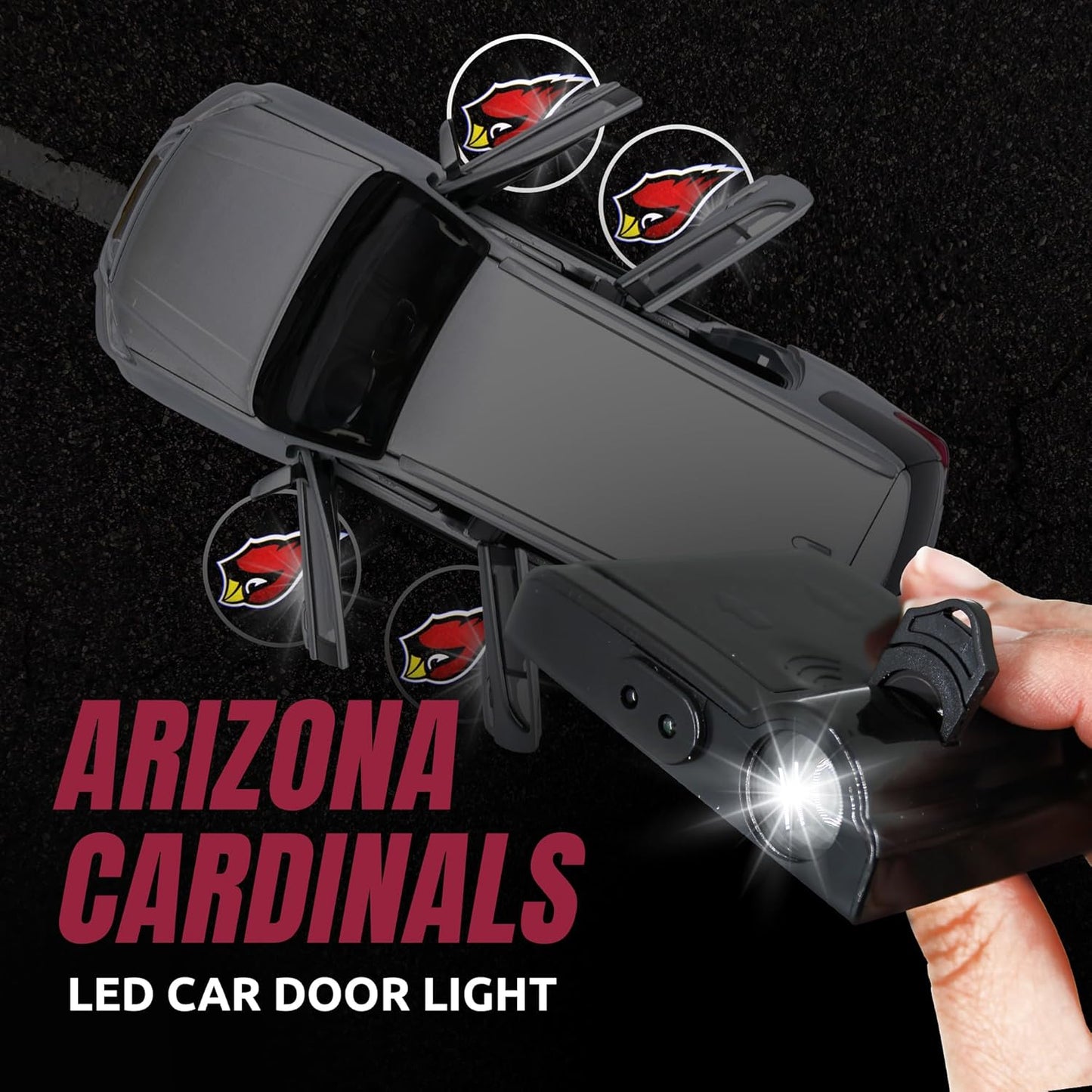 American Football Arizona Cardinals - Led Car Door Light - Wireless Led Projector with One Team Logo Slide - Compatible for Most Car Models - Battery-Operated, 2.5” X 2.5”