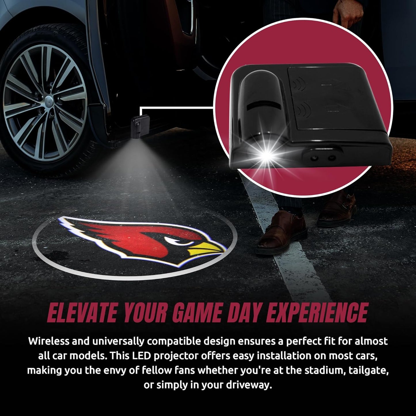 American Football Arizona Cardinals - Led Car Door Light - Wireless Led Projector with One Team Logo Slide - Compatible for Most Car Models - Battery-Operated, 2.5” X 2.5”