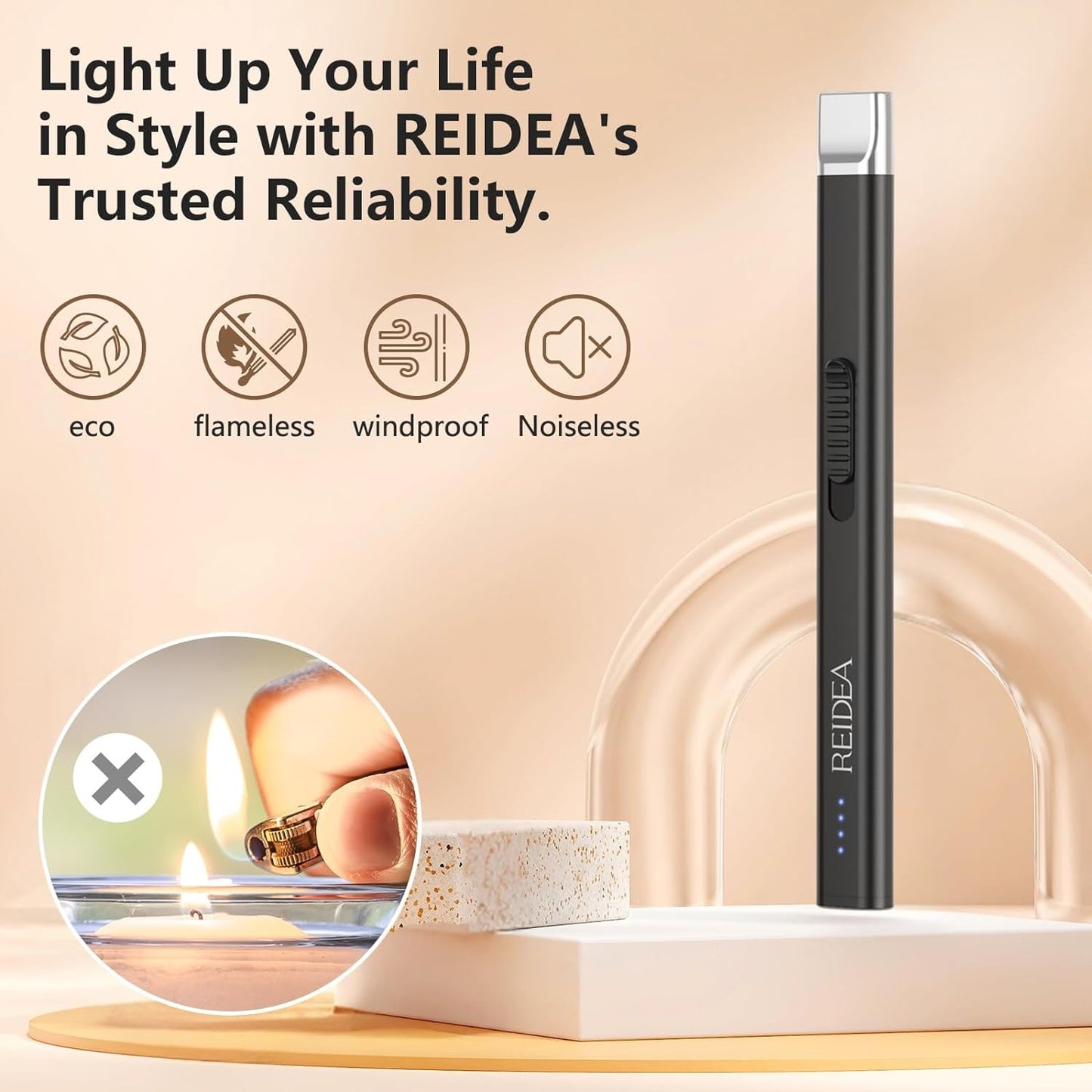 Electric Lighter Candle Lighter, Windproof Flameless USB Rechargeable Arc Retractable Lighter with Safe Button and Power Indicator for Candle, BBQ and Fireworks, R1 Flat, Obsidian Black