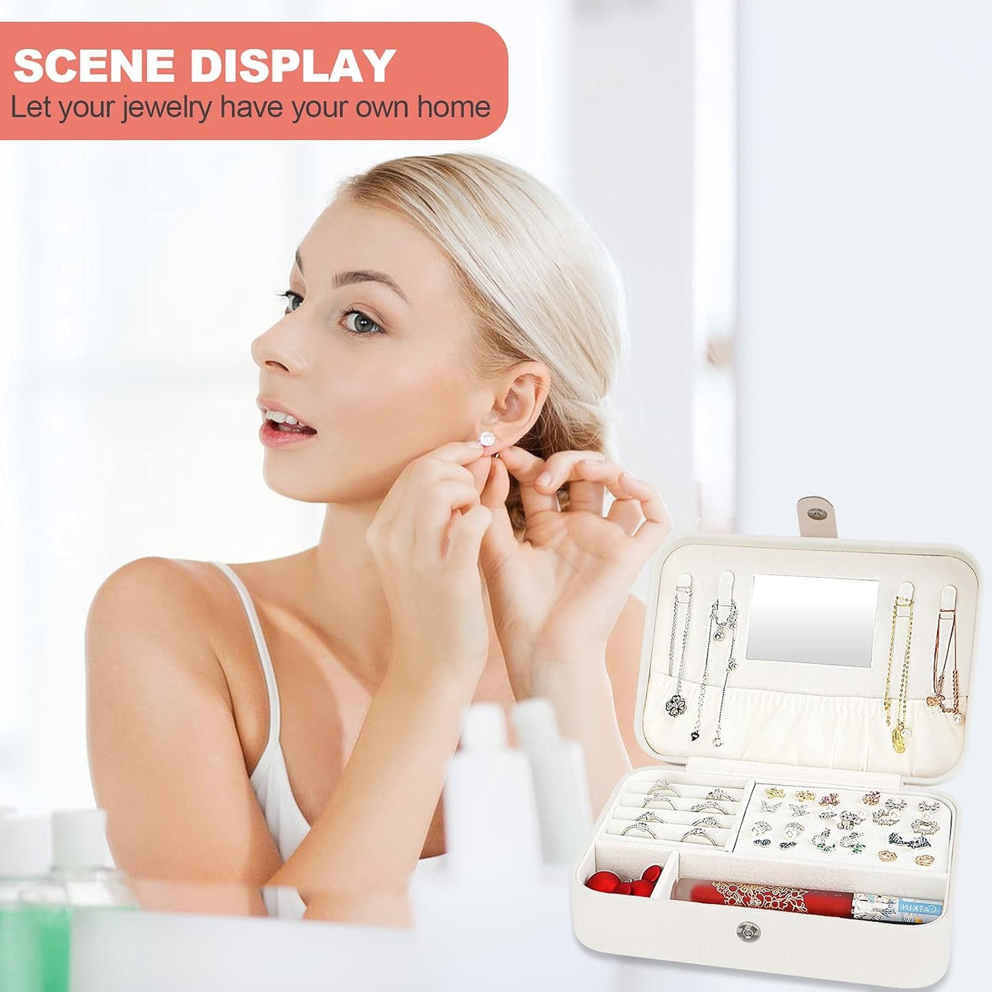 QIUMEI Travel Jewelry Box Organizer | Travel Jewelry Case | Jewelry Travel Organizer Box | Small Jewelry Box for Women | Organizer Box with Mirror and Jewelry Cleaning Cloth - Velvet(White)