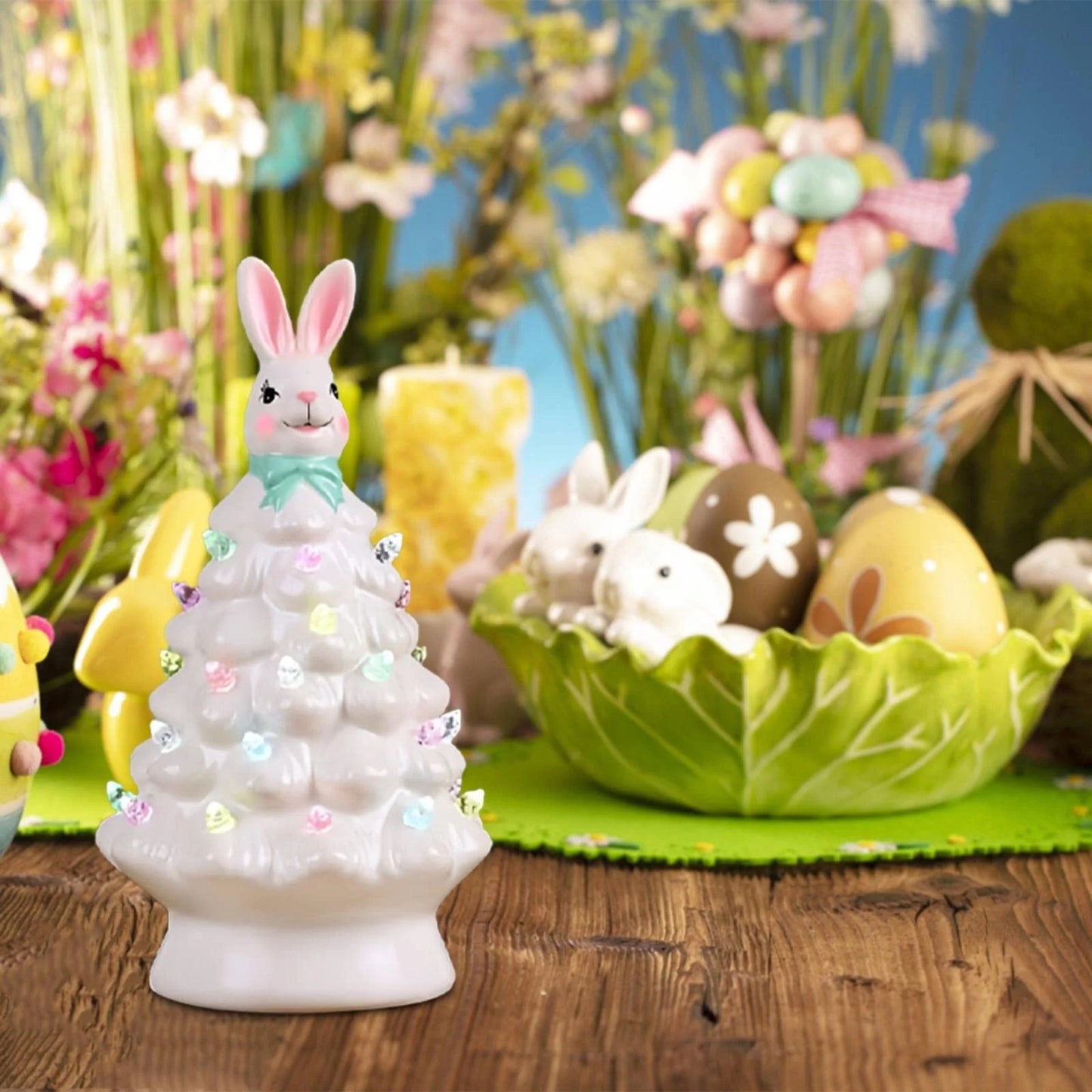 Easter Ceramic Tree,Light-Up Easter Bunny Decorations,Rabbit Tree Easter Decorations for Indoor Spring Home Office Tabletop Bunny Rabbit Pink Tree Home Decor