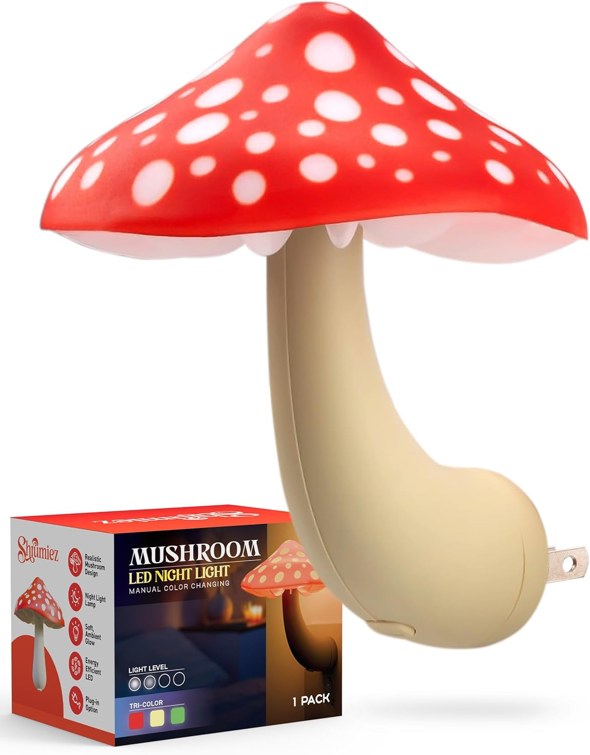 Mushroom Night Light Plug in - Manual Color Changing LED Mushroom Nightlight Wall Lamp - Whimsical Cute Red Fairy Unique Fun Cool Weird Hippie Shroom Stuff Ambient Decor Nursery Bed Gift Kids Adult