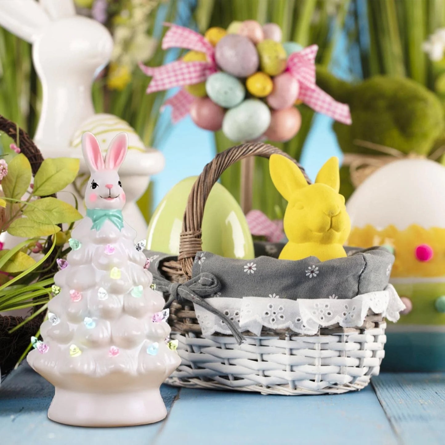 Easter Ceramic Tree,Light-Up Easter Bunny Decorations,Rabbit Tree Easter Decorations for Indoor Spring Home Office Tabletop Bunny Rabbit Pink Tree Home Decor