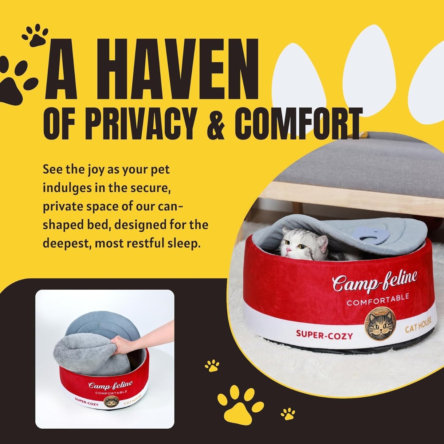 Can-Shaped Cat Bed – Ramen Bowl Cat Bed with Cover | Cute Enclosed Cat Bed with Ultra-Soft Cushion, Private & Cozy Design for Cats & Small Dogs