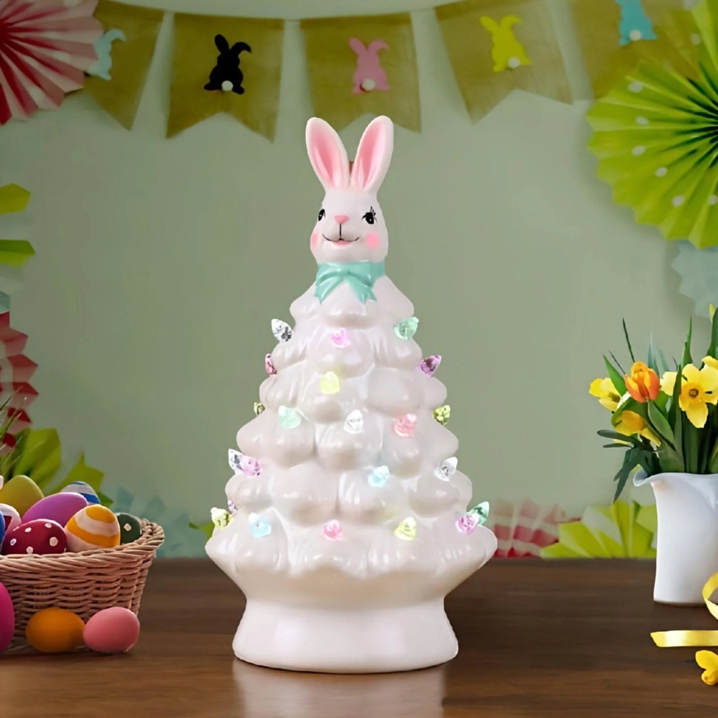 Easter Ceramic Tree,Light-Up Easter Bunny Decorations,Rabbit Tree Easter Decorations for Indoor Spring Home Office Tabletop Bunny Rabbit Pink Tree Home Decor