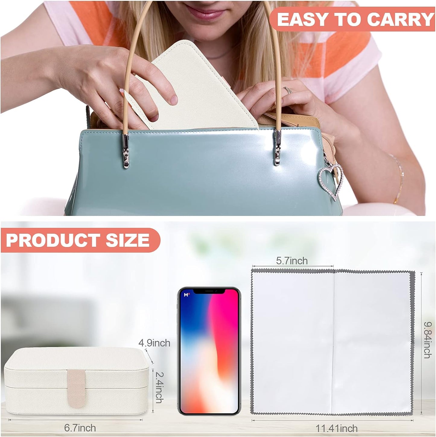 QIUMEI Travel Jewelry Box Organizer | Travel Jewelry Case | Jewelry Travel Organizer Box | Small Jewelry Box for Women | Organizer Box with Mirror and Jewelry Cleaning Cloth - Velvet(White)
