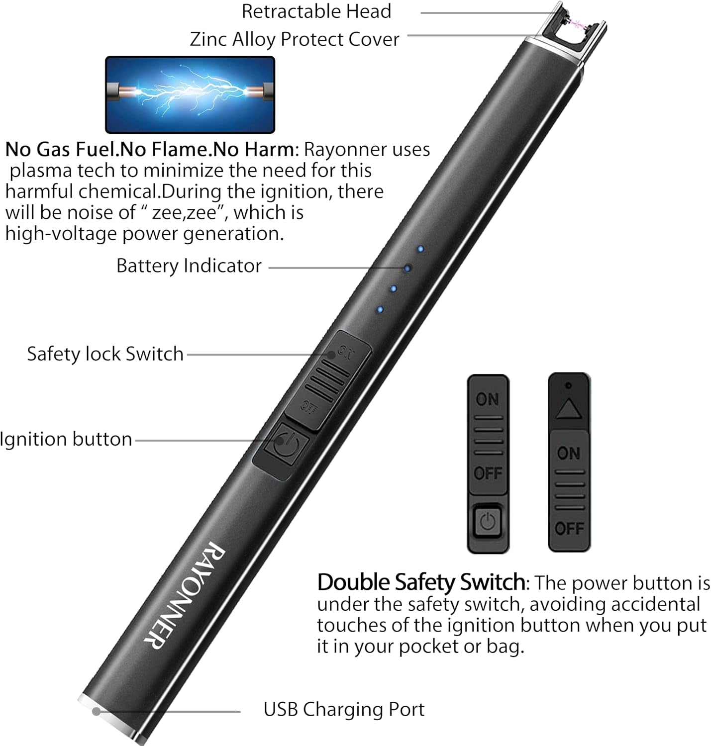 Electric Candle Lighter Rechargeable Lighters Valentines Day Gifts Easter Basket Stuffers Plasma Arc Lighters Windproof & Flameless USB Rechargeable with Safety Switch(1Pack, Black)