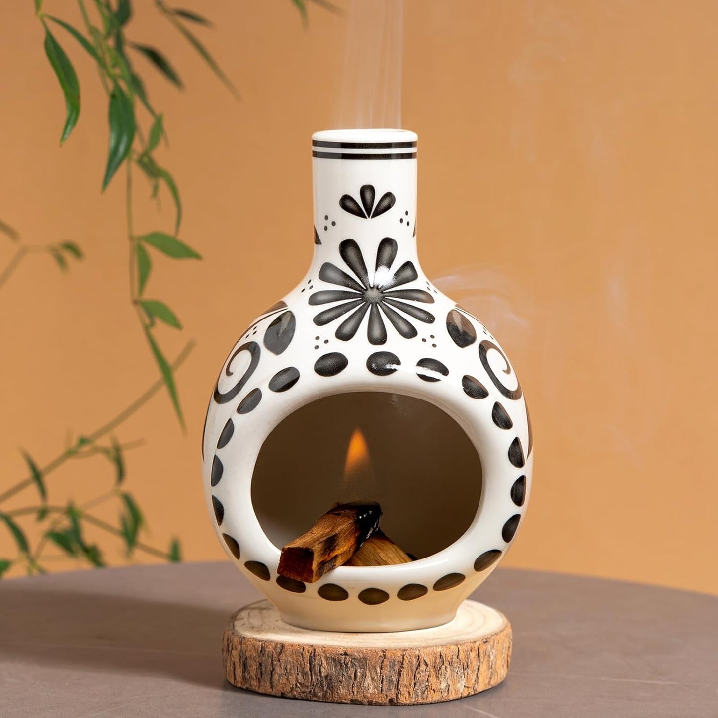 Ceramic Chiminea Palo Santo Holder and Burner - Modern Medieval Incense Candle and Matchstick Mini Chiminea for Wood Sticks and Bulk Incense with Ash Catcher - Zen-Inspired Home Decor Gift