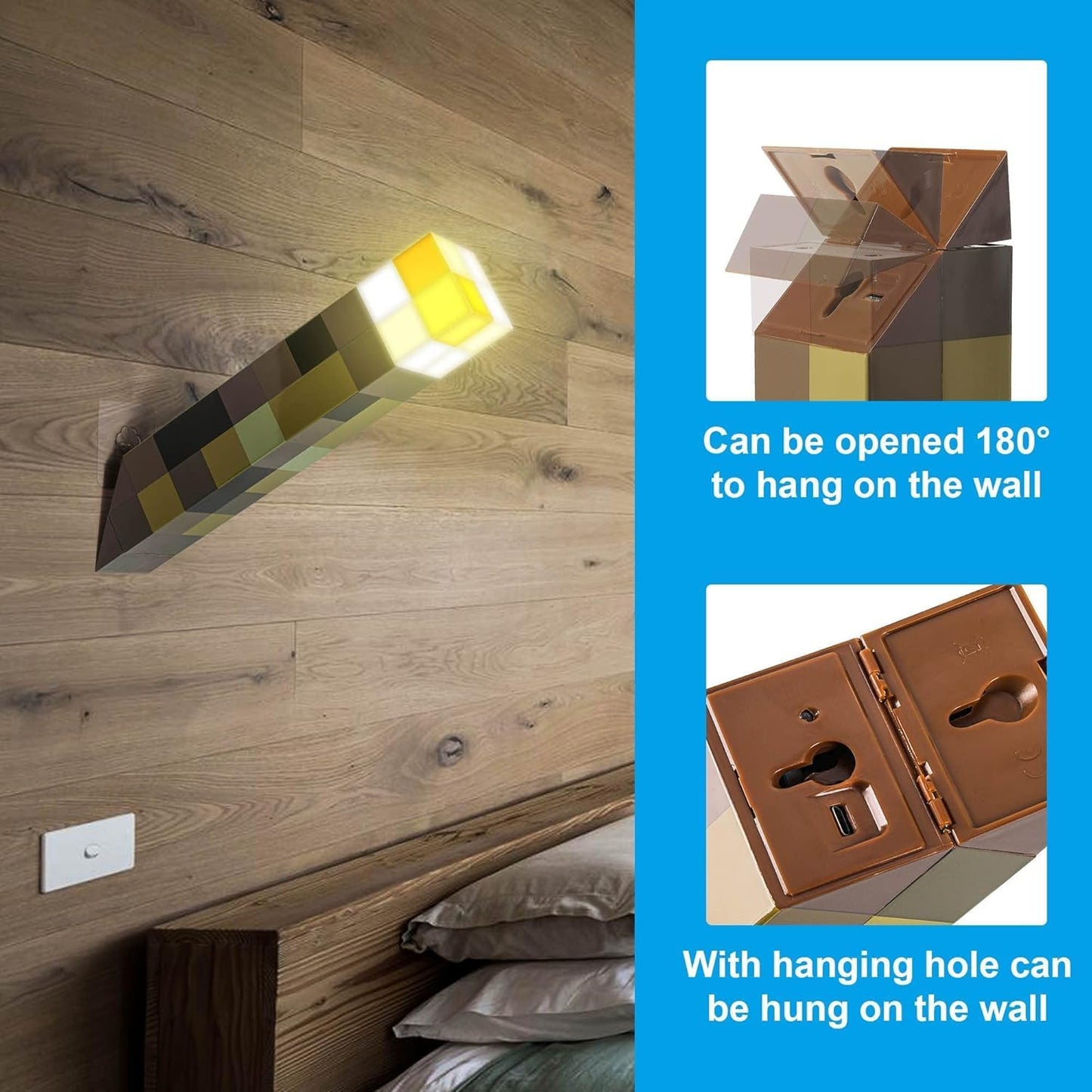 Torch Lamp with Wall Mountable, 11 Inch LED Night Light, USB Rechargeable for Nightstand Torch Light, Costume Cosplay Nightlight, Kid'S Birthday Party Living Room Bedroom Decorations (Yellow)