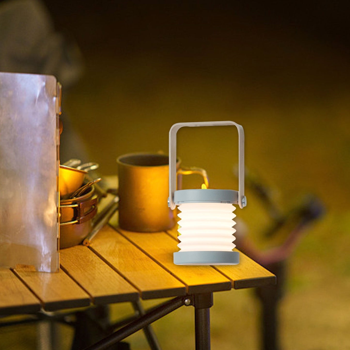 4-In-1 Foldable LED Table Lamp, USB Rechargeable, Portable Lantern Light with Adjustable Brightness, Multipurpose Outdoor Camping LED Lantern and Flashlight. Gray