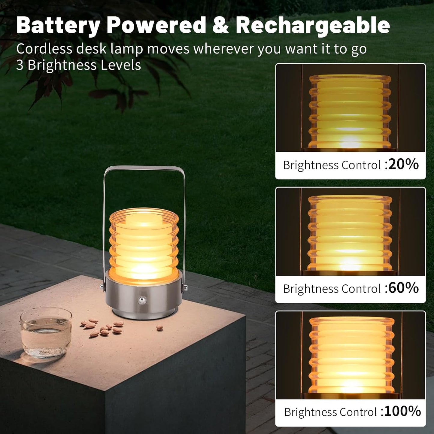 Cordless Portable LED Table Lamp, Rechargeable Battery Operated Desk Lamp with Touch Sensor, Three-Level Dimmable Suitable for Bars/Cafes/Restaurants/Bedrooms/Camping Sites. (Silver)