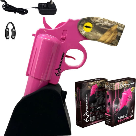 Realtree® Electric Gun Wine Bottle Opener - Open Your Wine Bottle Fast with This New Corkscrew - Great Gift for Gun Enthusiasts and Wine Lovers. Foil Cutter and Charging Base Included. (Pink)