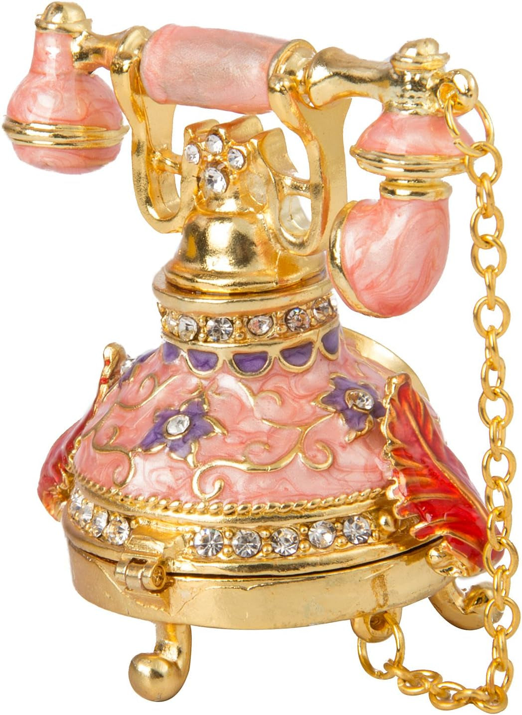 Vintage Small Pink Telephone Shaped Trinket Box with Rich Enamel and Sparkling Rhinestones Unique Gift for Family