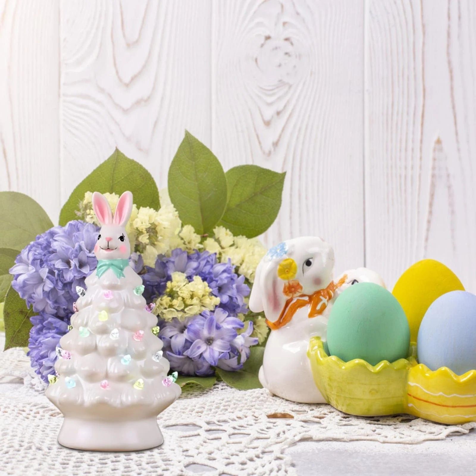 Easter Ceramic Tree,Light-Up Easter Bunny Decorations,Rabbit Tree Easter Decorations for Indoor Spring Home Office Tabletop Bunny Rabbit Pink Tree Home Decor