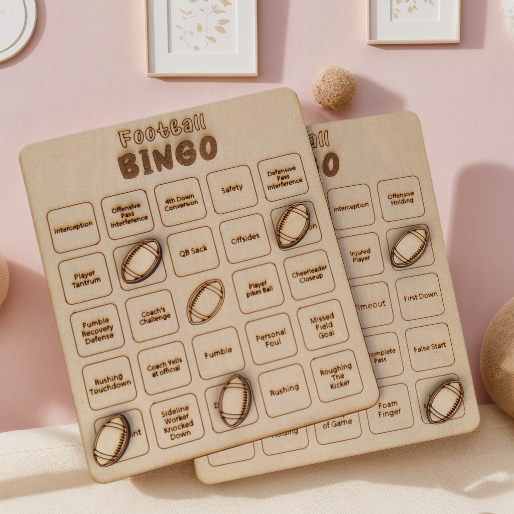 Football Bingo Game, Wooden Football-Themed Bingo Game, Tic-Tac-Toe Board Game, Sports Bingo, Cards Family Night Wood Gift for Adults,