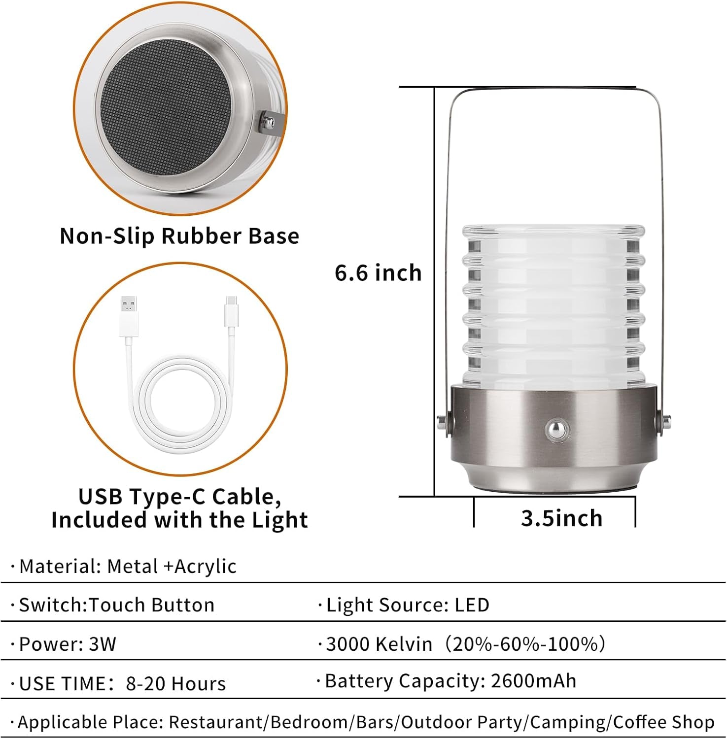 Cordless Portable LED Table Lamp， Rechargeable Battery Operated Desk Lamp with Touch Sensor, Three-Level Dimmable Suitable for Bars/Cafes/Restaurants/Bedrooms/Camping Sites. (Silver)