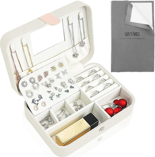 QIUMEI Travel Jewelry Box Organizer | Travel Jewelry Case | Jewelry Travel Organizer Box | Small Jewelry Box for Women | Organizer Box with Mirror and Jewelry Cleaning Cloth - Velvet(White)