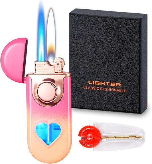 Torch Lighter, Dual Flame Lighter with 6Pcs Flint Stone, Windproof Lighter with Visible Gas Window, Cool Adjustable Soft Flame and Jet Flame 2 In1,Refillable Butane Lighter for Outdoor Indoor-Gradient