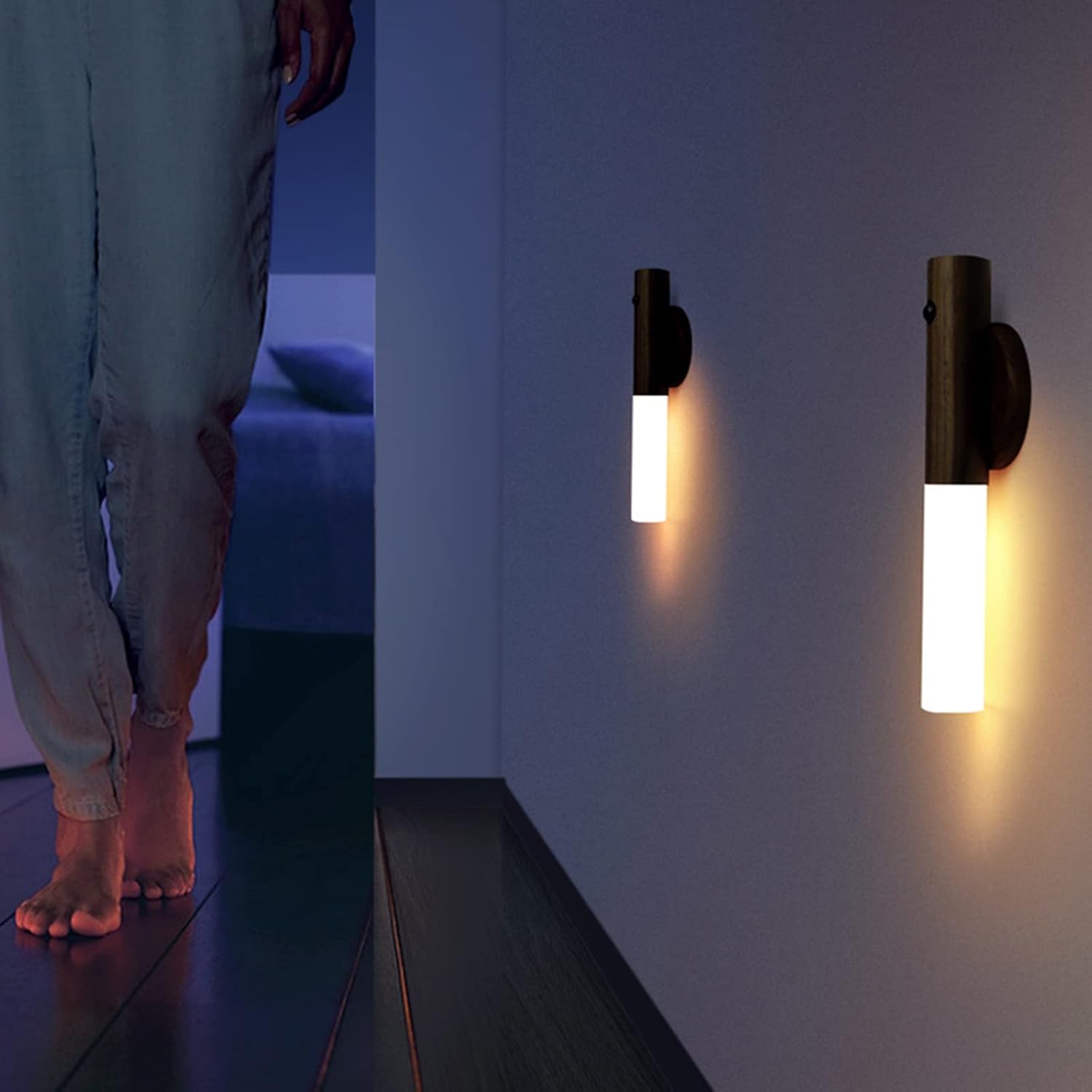 LED Baton Wall Light,Wooden Magnetic Light Rechargeable Wardrobes Light with Motion Sensor, 360°Rotatable Wall Lamp Portable Night Light for Cabinet,Walnut