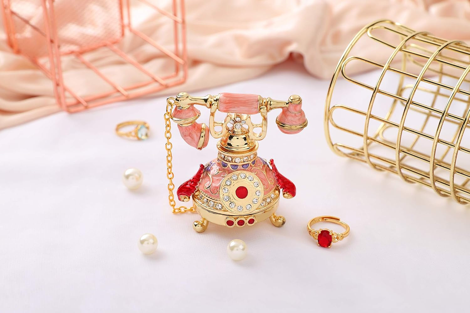 Vintage Small Pink Telephone Shaped Trinket Box with Rich Enamel and Sparkling Rhinestones Unique Gift for Family