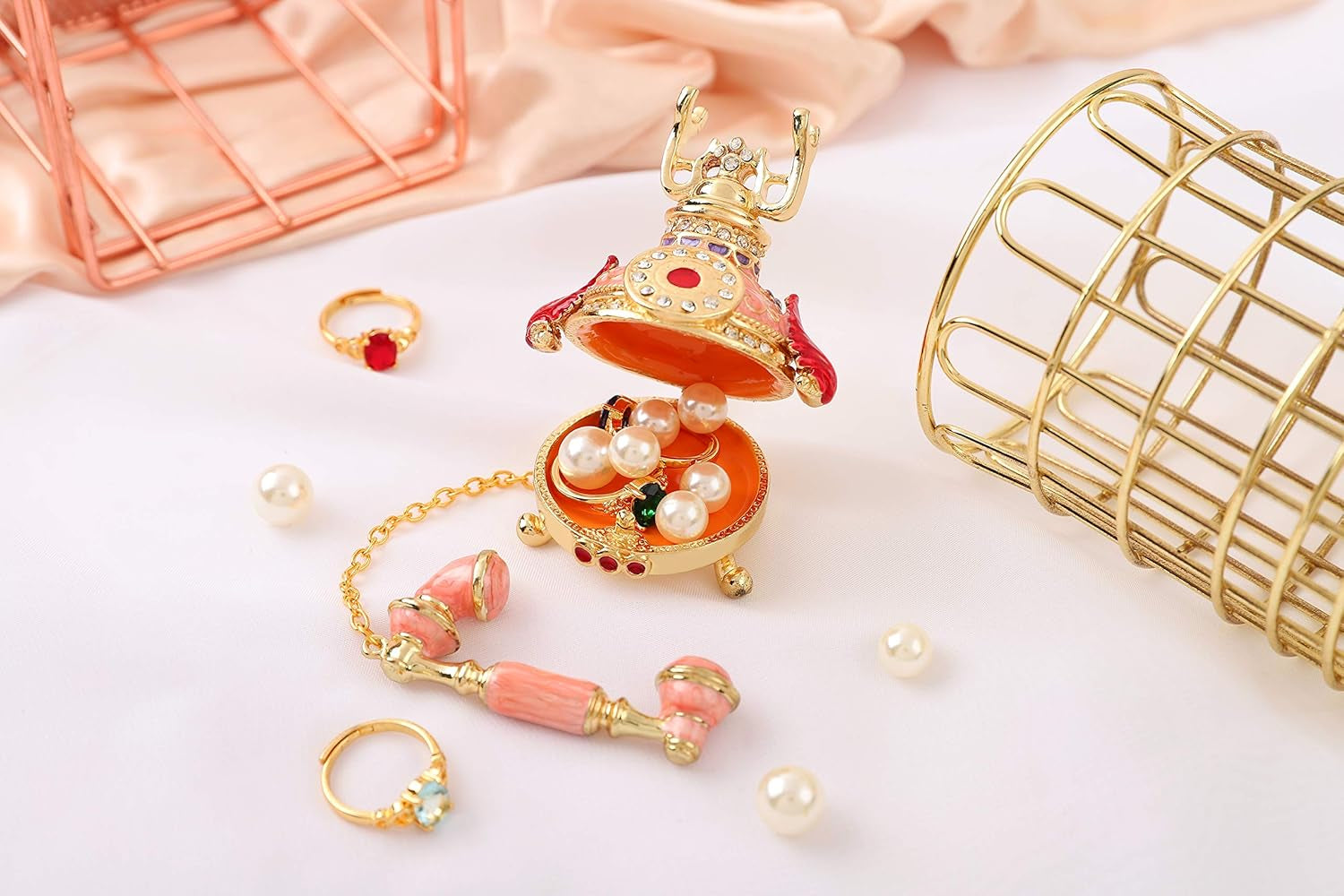 Vintage Small Pink Telephone Shaped Trinket Box with Rich Enamel and Sparkling Rhinestones Unique Gift for Family