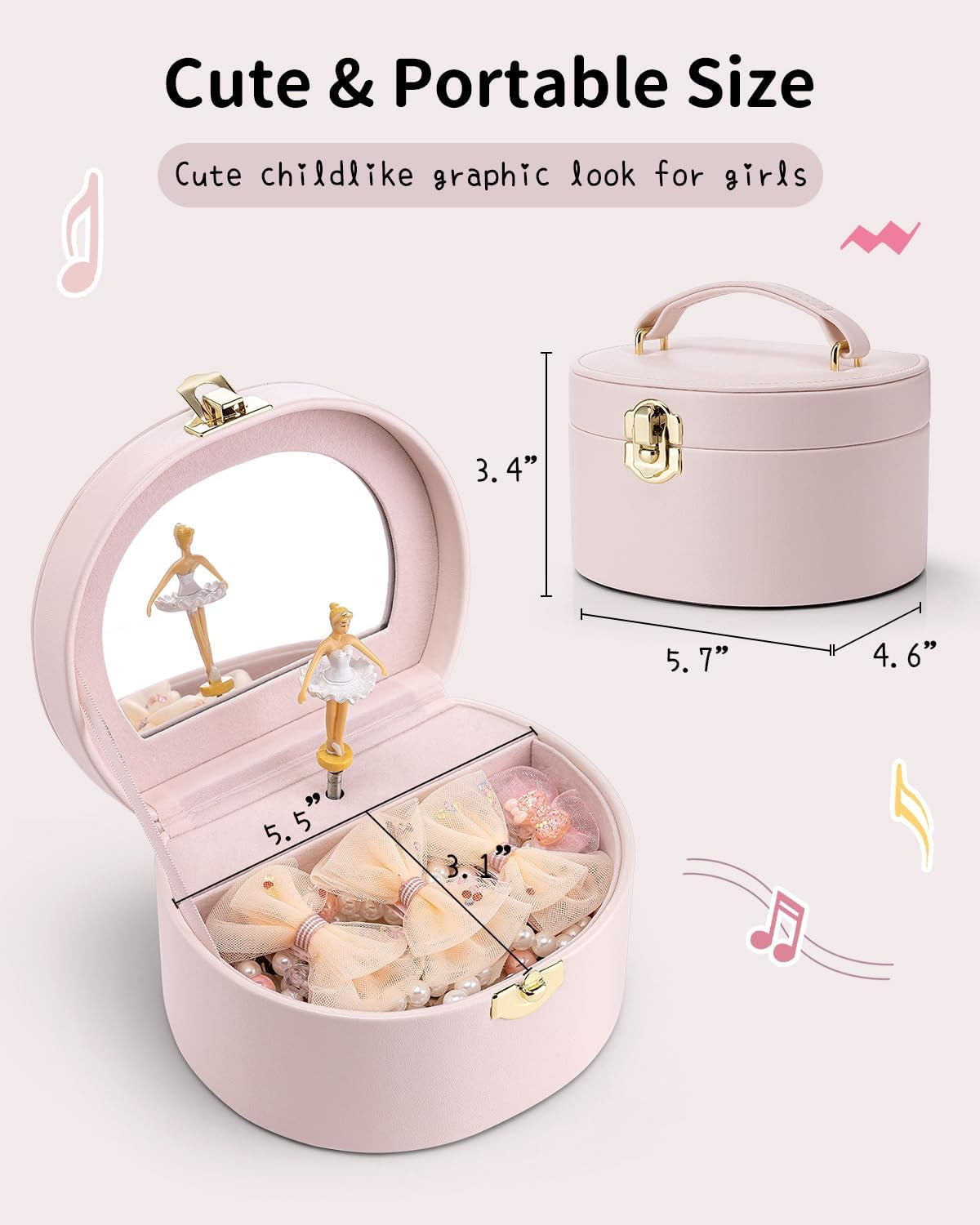 Musical Jewelry Box for Girls, Small Kid Music Box with Ballerina for Birthday Bedroom Decor, Gifts for Girls Kids - Light Pink