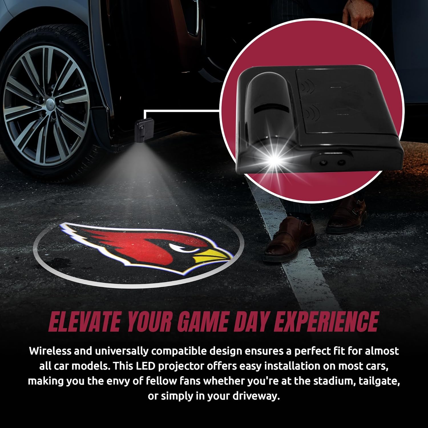 American Football Arizona Cardinals - Led Car Door Light - Wireless Led Projector with One Team Logo Slide - Compatible for Most Car Models - Battery-Operated, 2.5” X 2.5”