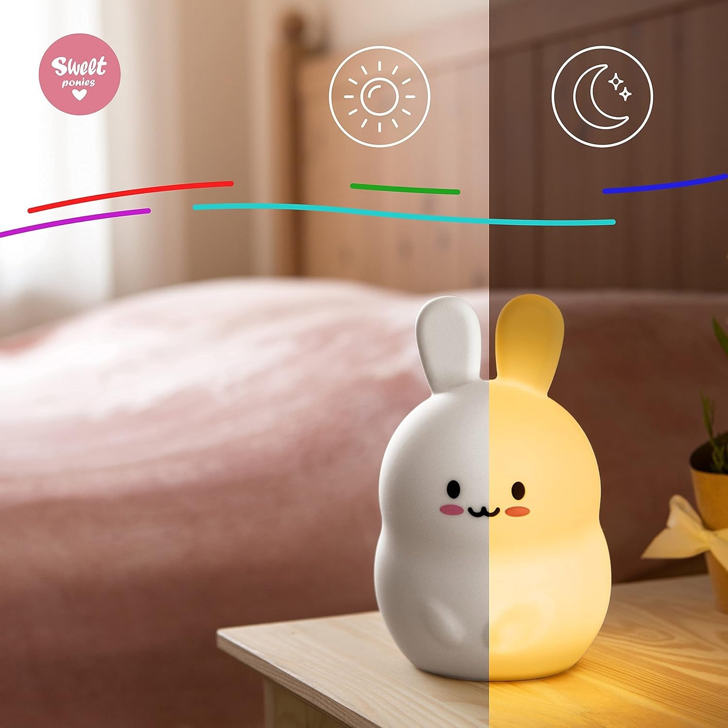 (4.8” X 4.8” X 7.4”; 11.6 Oz Rabbit LED Light Gift for Rabbit Lovers, Women, & Girls – Battery Operated (1.6 W) Table, Desk, & Bedside Lamp Both Color Changing & Wrapped in Gift Packagel