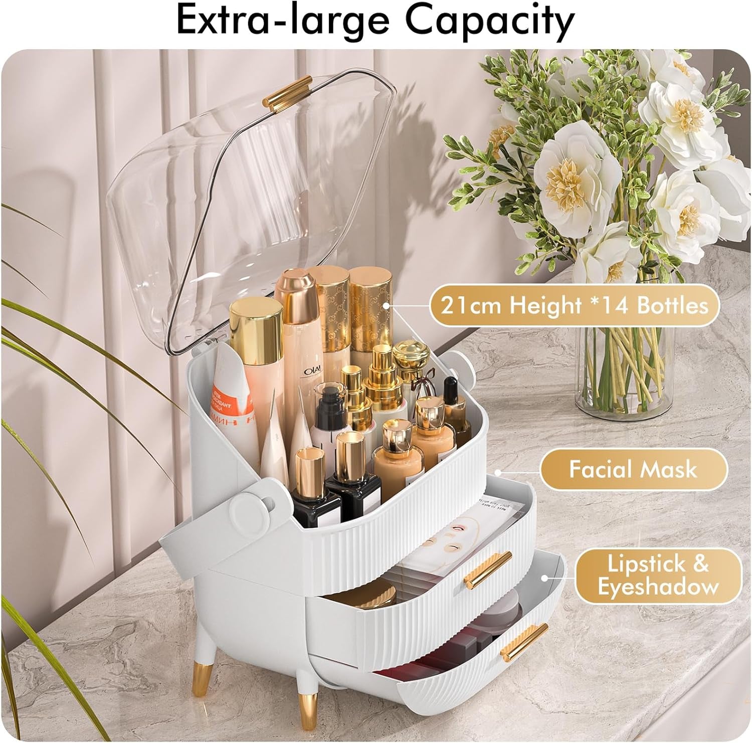 Makeup Organizer Skincare Organizers - Cosmetic Display Cases with Transparent Cover, Skincare Organizers for Bathroom Countertop, Bedroom Vanity Desk, Lipstick Organizer, White