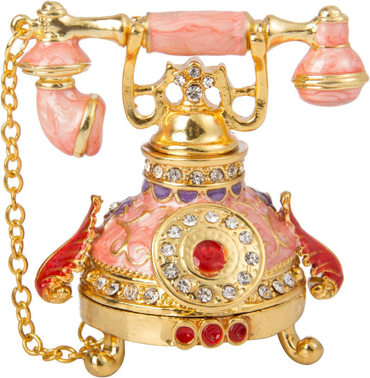 Vintage Small Pink Telephone Shaped Trinket Box with Rich Enamel and Sparkling Rhinestones Unique Gift for Family