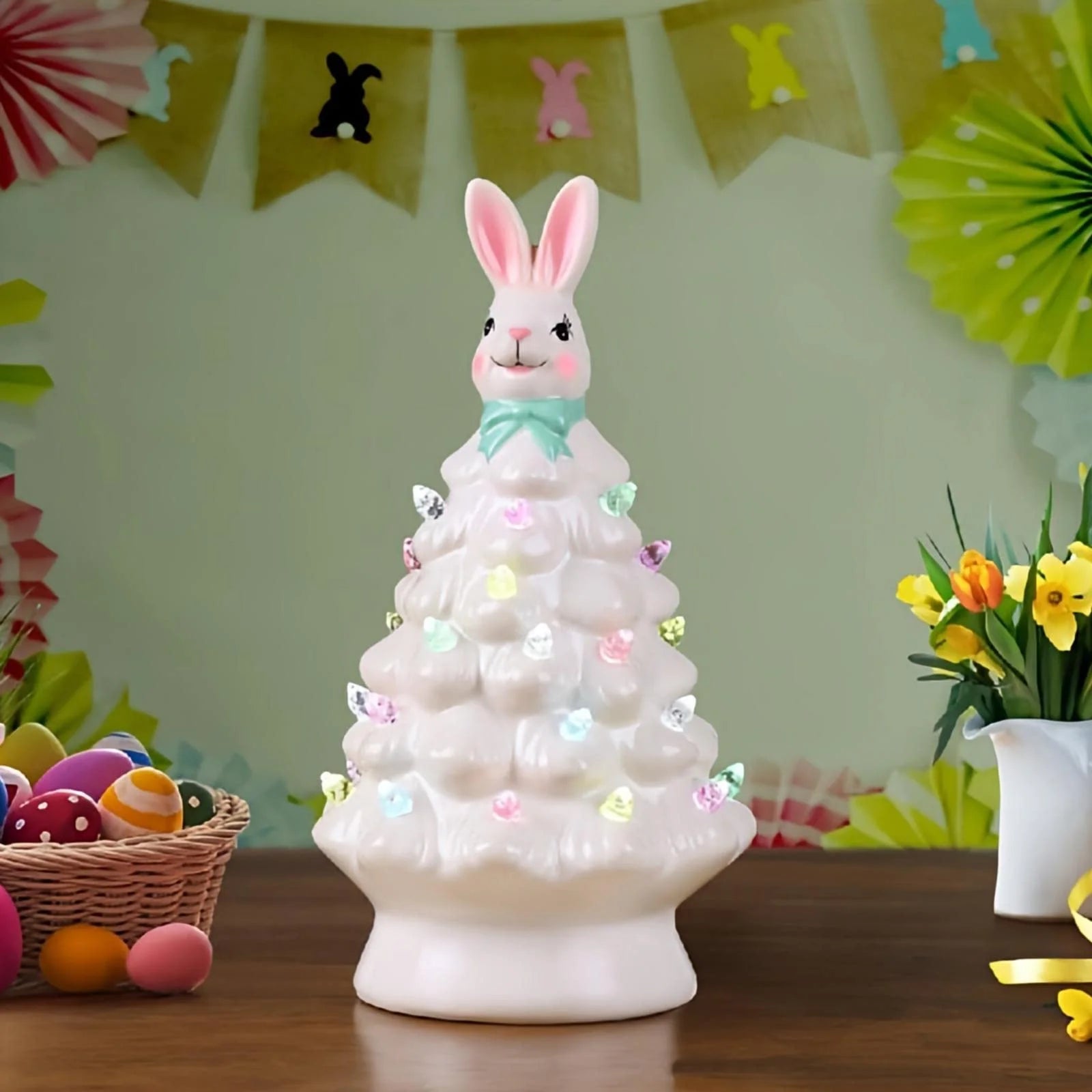 Easter Ceramic Tree,Light-Up Easter Bunny Decorations,Rabbit Tree Easter Decorations for Indoor Spring Home Office Tabletop Bunny Rabbit Pink Tree Home Decor