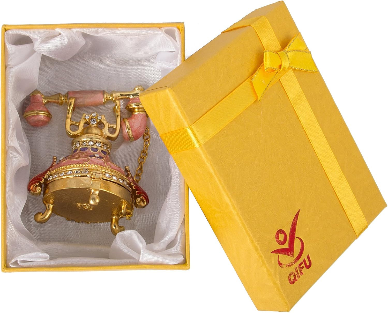 Vintage Small Pink Telephone Shaped Trinket Box with Rich Enamel and Sparkling Rhinestones Unique Gift for Family
