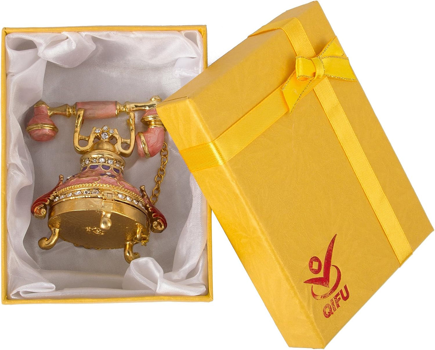 Vintage Small Pink Telephone Shaped Trinket Box with Rich Enamel and Sparkling Rhinestones Unique Gift for Family