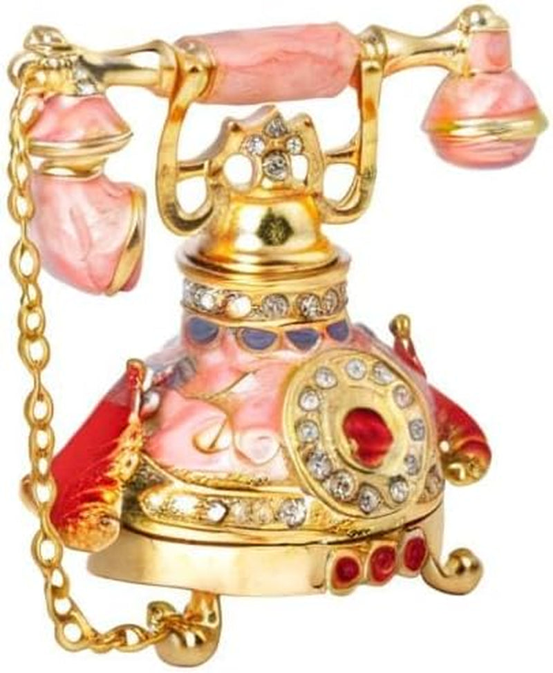 Vintage Small Pink Telephone Shaped Trinket Box with Rich Enamel and Sparkling Rhinestones Unique Gift for Family