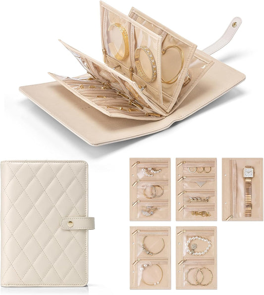 Travel Jewelry Organizer Case, Jewelry Storage Book Ring Binder with Clear Zipper Velvet Jewelry Pouches Bags for Rings,Necklace,Earrings,Valentines Day Gifts for Her-Cream White