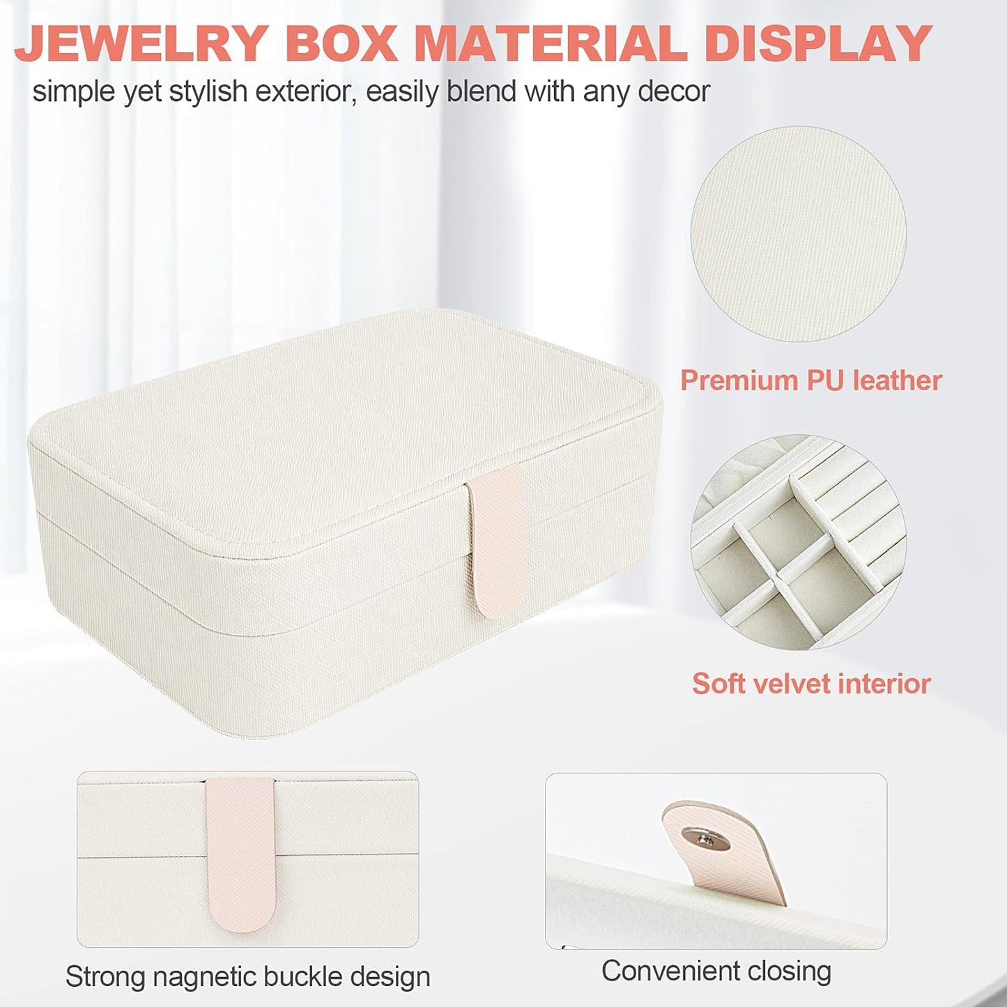 QIUMEI Travel Jewelry Box Organizer | Travel Jewelry Case | Jewelry Travel Organizer Box | Small Jewelry Box for Women | Organizer Box with Mirror and Jewelry Cleaning Cloth - Velvet(White)